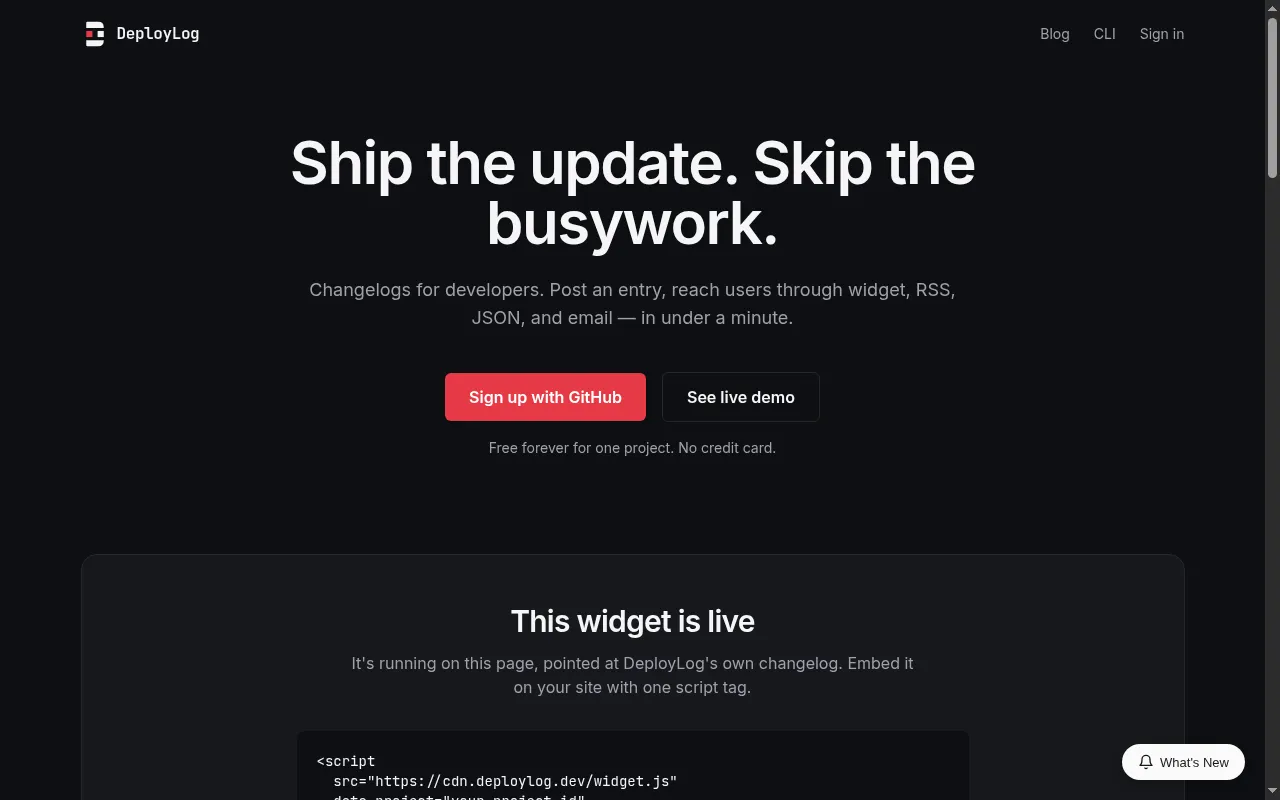 DeployLog landing page: Ship the update. Skip the busywork.